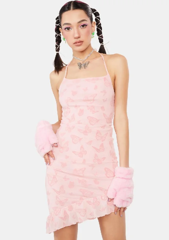 Butterfly Pink Flock Vania Mini Dress Fashionable Off-Shoulder Mini Dress