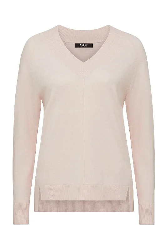 CABLE COTTON CASHMERE V NECK JUMPER - PALE PINK Machine Wash Dry Clean Hand Wash