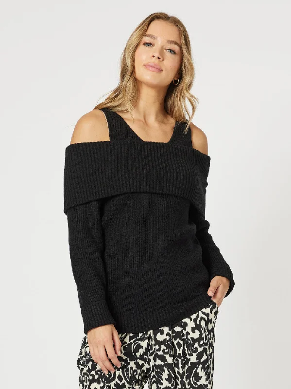 Charlotte Off The Shoulder Jumper - Black Boxy Sweater Fitted Sweater A-Line