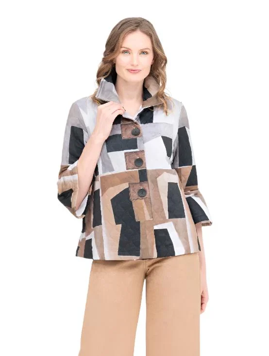 Damee NY Mosaic Art Quilted Jacket in Brown/Grey/Multi - 4940-BRN Notch Collar Jacket Peter Pan Collar Jacket Cowl Neck Jacket Damee NY Mosaic Art Quilted Jacket in Brown/Grey/Multi - 4940-BRN Notch Collar Jacket Peter Pan Collar Jacket Cowl Neck Jacket