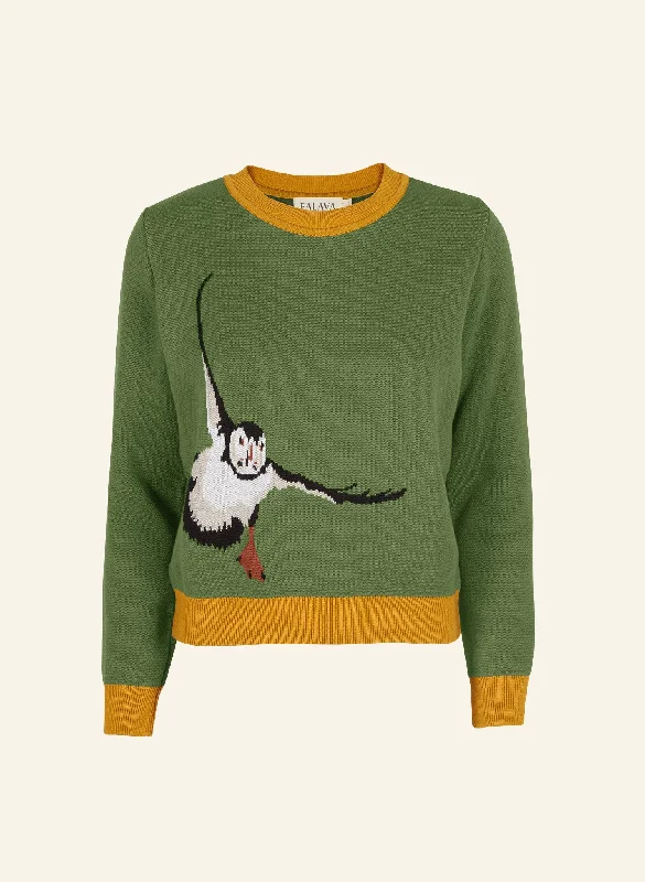 Esther Long Knitted Jumper - Green Puffin Silk Blend Satin Velvet