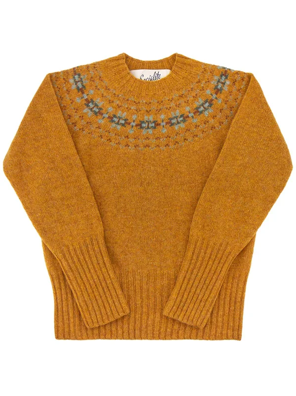 Fairisle 40s Style Pure Scottish Wool Jumper in Cumin Orange Real Fur Shearling Chenille