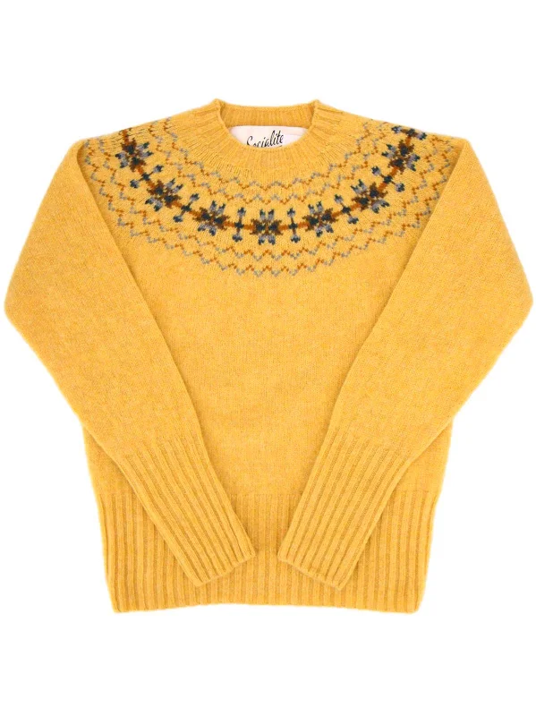 Fairisle 40s Style Pure Scottish Wool Jumper in Marzipan Yellow Handmade Hand-knitted Hand-woven