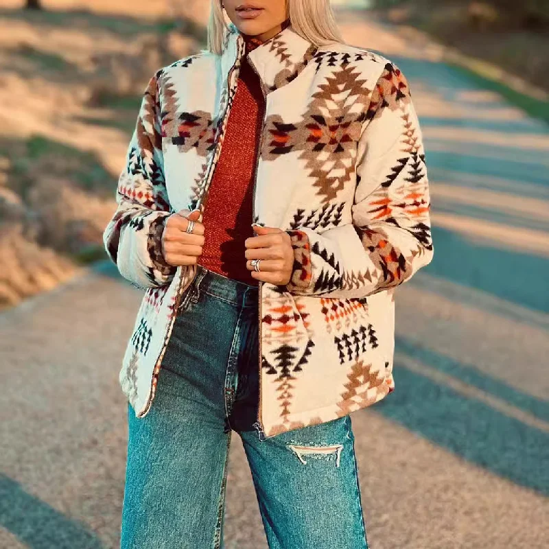 Geometric Aztec Print Women's Stand Collar Jacket One-Shoulder Jacket Off-the-Shoulder Jacket Asymmetrical Jacket