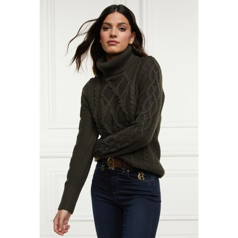 Holland Cooper Cortina Roll Neck Ladies Knit Jumper - Fern Green Hooded Caped Shawl Collar