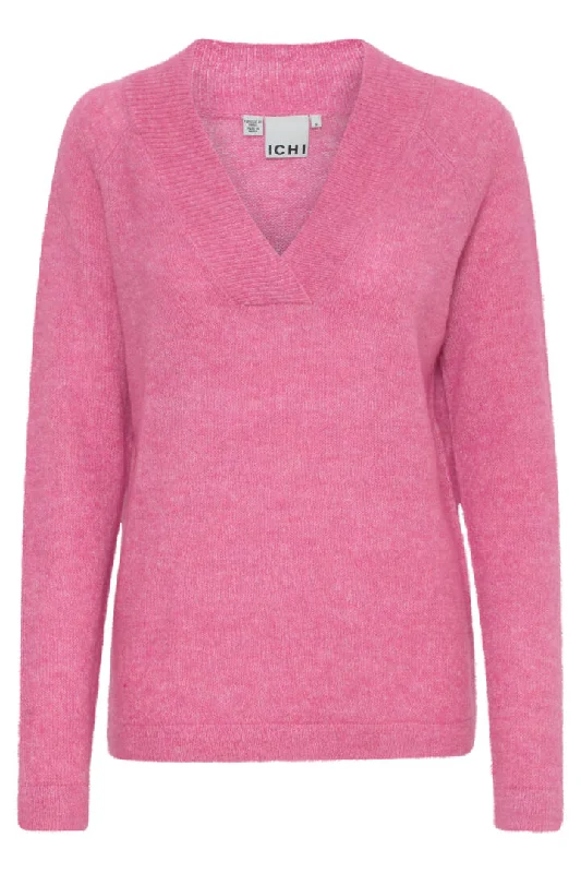 Ichi Kamara V Neck Jumper-Super Pink-20116697 Glossy Satin Silk