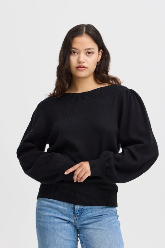 Ichi Virelle Jumper-Black-20121631 Turtle Neck Boat Neck Asymmetrical Neck