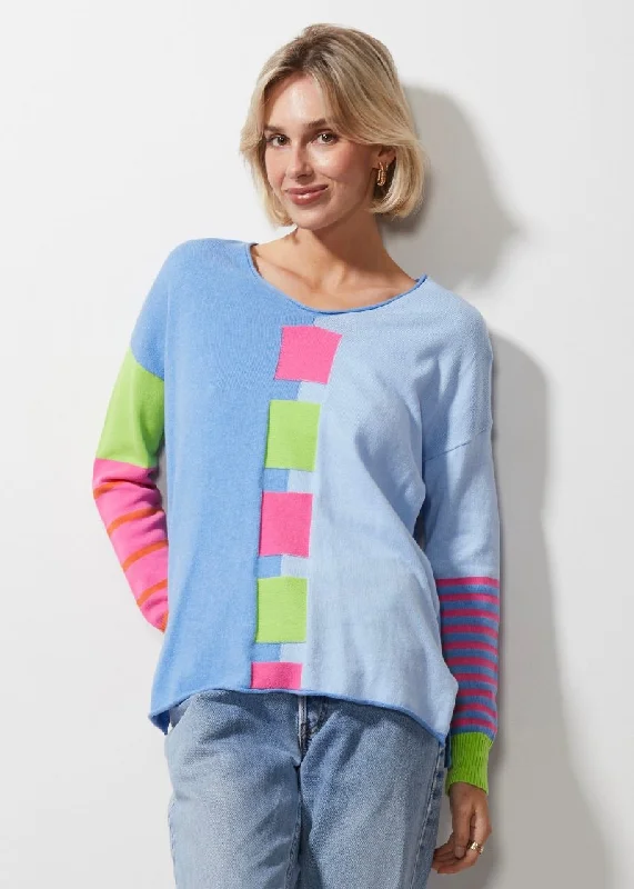 Intarsia Squares Jumper ZP6609 in Chambray by Zaket & Plover Terry Terry Cloth Terry Knit