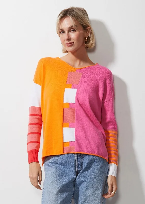 Intarsia Squares Jumper ZP6609 in Sunset by Zaket & Plover Machine Wash Dry Clean Hand Wash