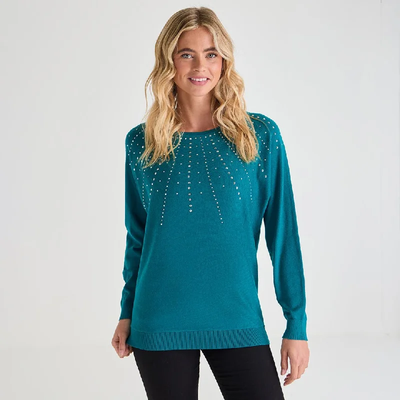 Ladies Beaded Batwing Jumper Solid Color Striped Floral Print