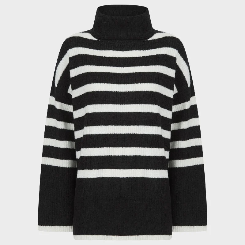 Ladies Black Stripe Roll Neck Jumper Wool Fabric Cashmere Fabric Tweed Fabric