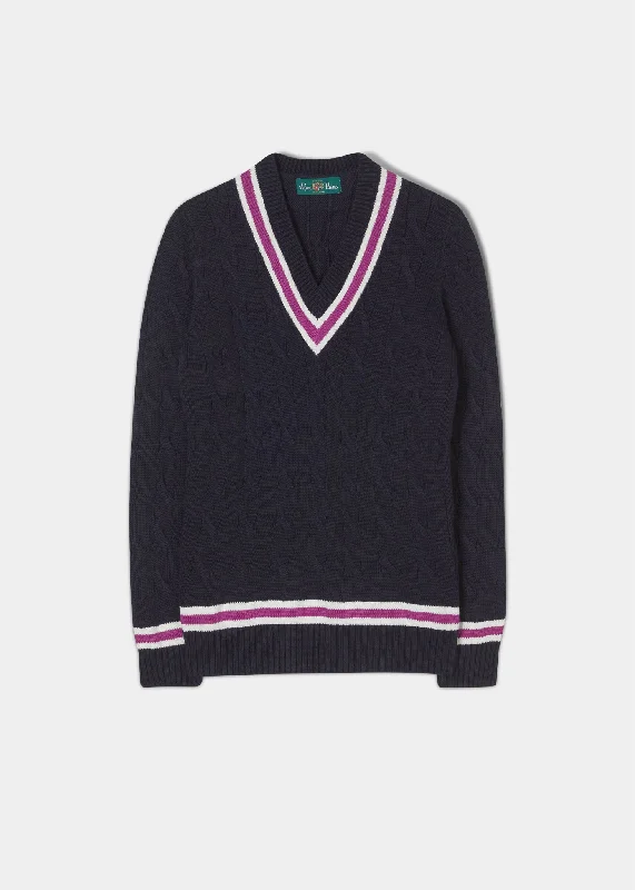 Heather Ladies Cable Knit Cricket Jumper In Navy Front Pockets Side Pockets Patch Pockets