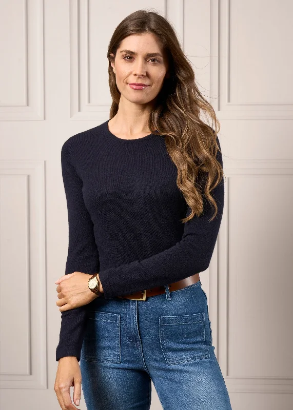 Ladies Cashmere Inset Sleeve Crew Neck Jumper In Dark Navy Tailored Straight A-Line