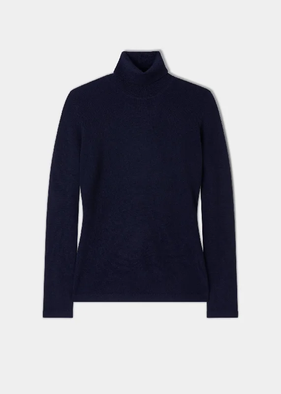 Alison Ladies Cashmere Roll Neck Jumper In Dark Navy Hooded Caped Shawl Collar