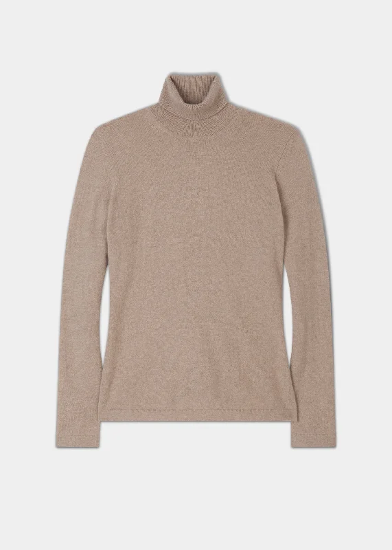 Alison Ladies Cashmere Roll Neck Jumper In Linen Ribbed Striped Patterned