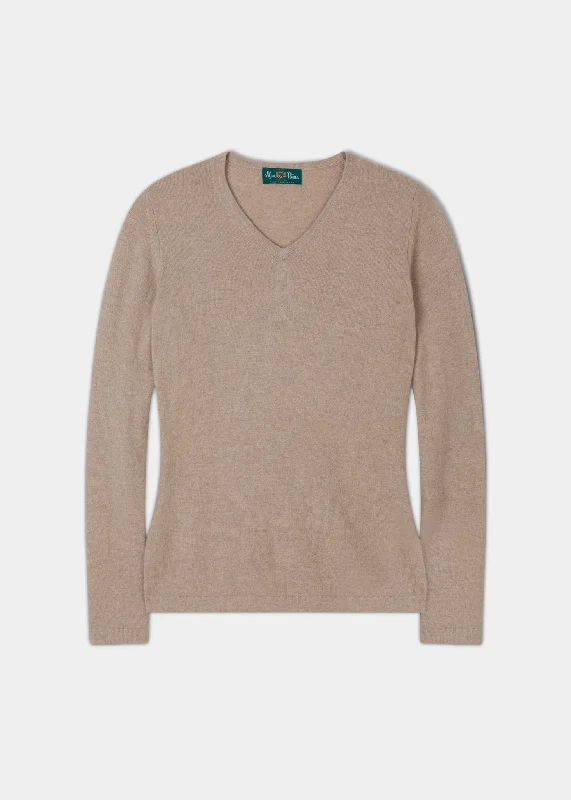 Rachel Ladies Cashmere Vee Neck Jumper In Linen Zippered Buttoned Snapped