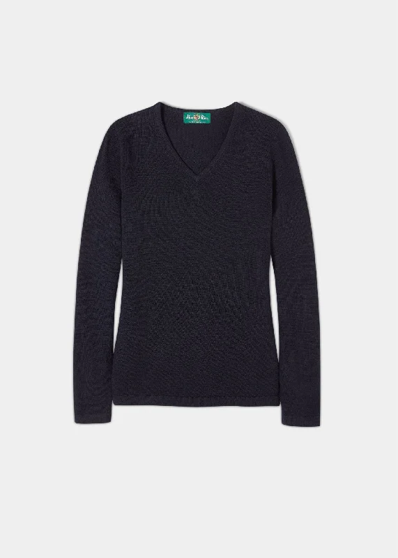 Georgina Ladies Geelong Lambswool Vee Neck Jumper In Dark Navy Ribbed Striped Patterned Georgina Ladies Geelong Lambswool Vee Neck Jumper In Dark Navy Ribbed Striped Patterned