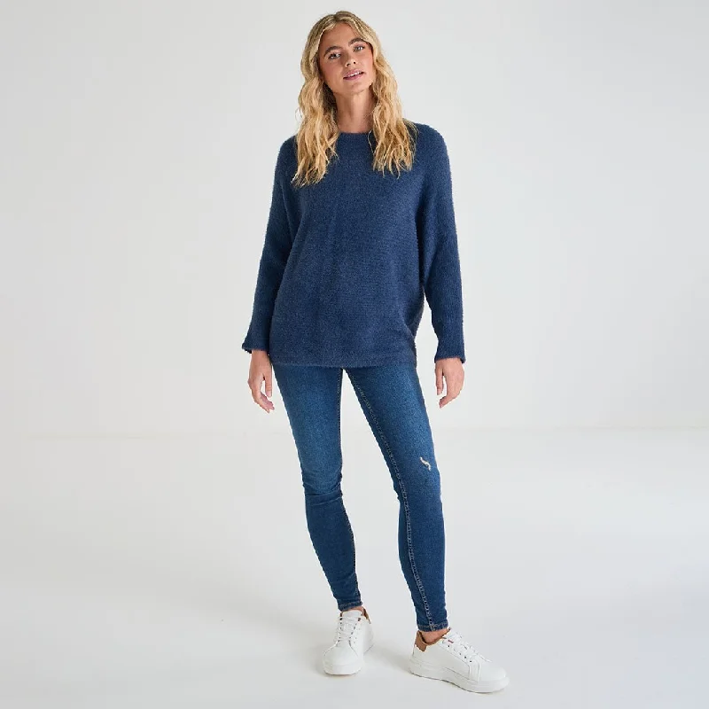 Ladies Ribbed Eyelash Batwing Jumper Elasticated Padded Insulated