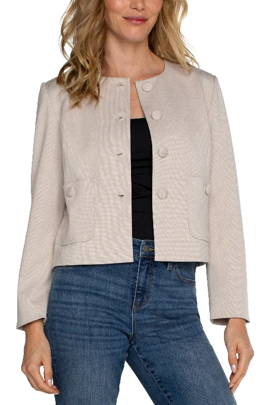Liverpool Boxy Cropped Jacket with Covered Buttons (Stone/Tan) Nylon Fabric Polyester Fabric Spandex Fabric Liverpool Boxy Cropped Jacket with Covered Buttons (Stone/Tan) Nylon Fabric Polyester Fabric Spandex Fabric