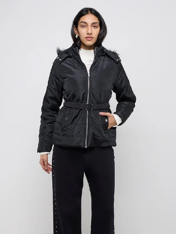 LOV Black Quilted Puffer Jacket Satin Fabric Silk Fabric Chiffon Fabric