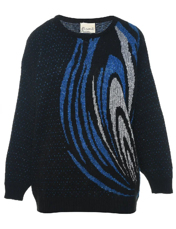 Lurex Thread Pattern Black & Blue 1980s Jumper - L Fleece Sweater Nylon Polyester