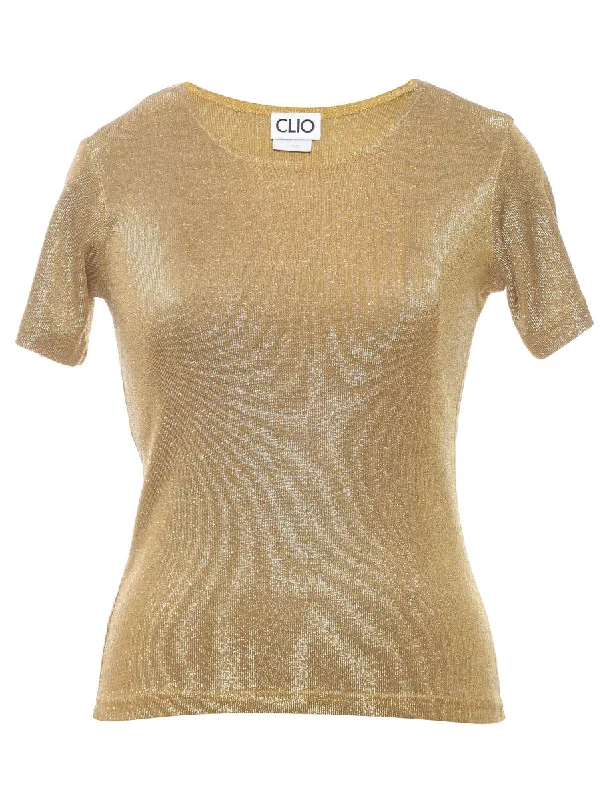 Lurex Thread Pattern Gold Short-Sleeve Jumper - M Notch Collar Peter Pan Collar Cowl Neck Lurex Thread Pattern Gold Short-Sleeve Jumper - M Notch Collar Peter Pan Collar Cowl Neck
