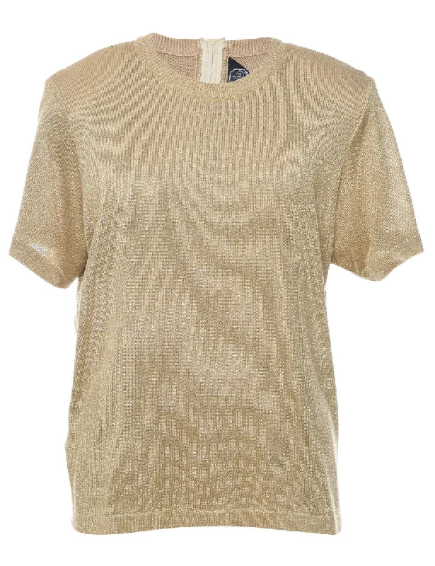 Lurex Thread Pattern Gold Short-Sleeve Jumper - XL Plaid Sweater Polka Dot Checkered Lurex Thread Pattern Gold Short-Sleeve Jumper - XL Plaid Sweater Polka Dot Checkered