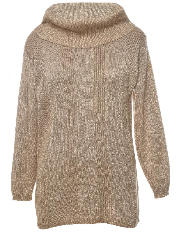 Lurex Thread Pattern Gold Sparkly Turtleneck Jumper - S Fleece Fabric Down Fabric Feather Fabric