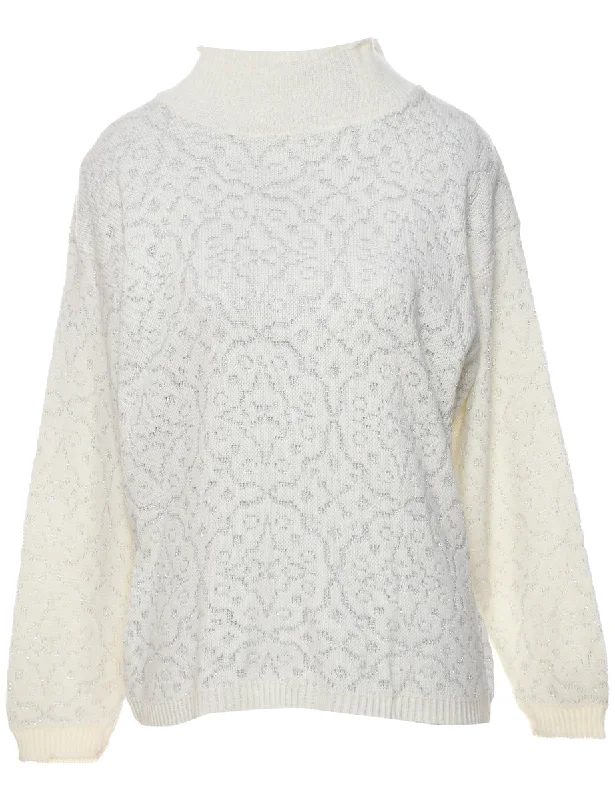 Lurex Thread Pattern Turtleneck Jumper - L Ribbed Striped Patterned