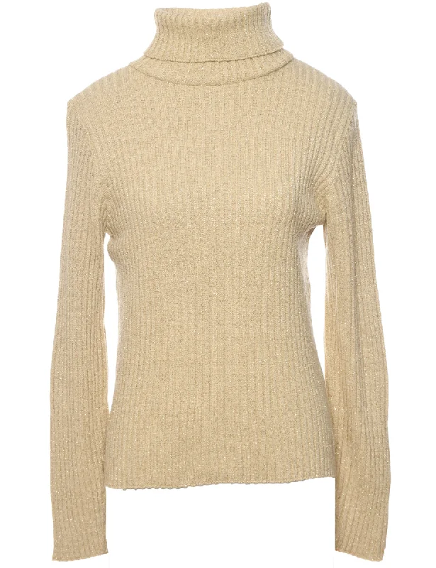 Lurex Thread Pattern Turtleneck Jumper - M Chenille Brocade Lace