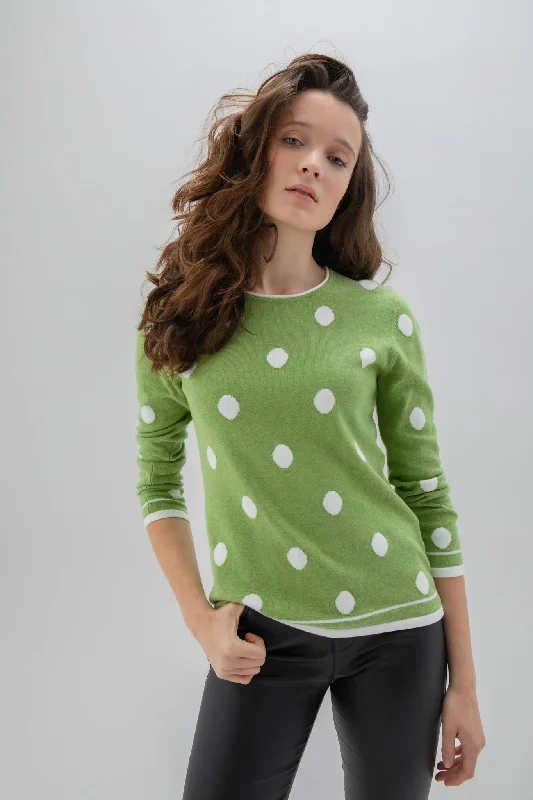 Marble SPOTTED JUMPER Green & White Boat Neck Shawl Collar Notched Collar