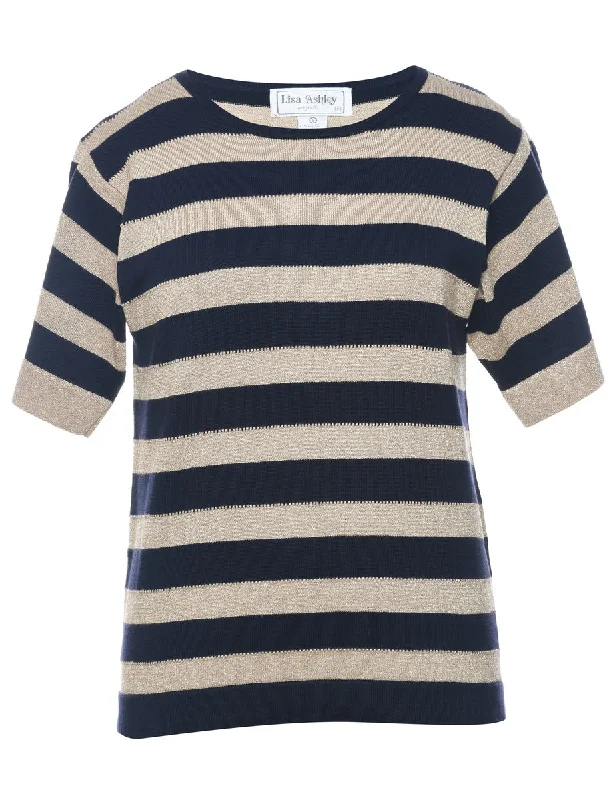 Navy & Gold Sparkly Short-Sleeve Jumper  - S Spandex Blend Rayon Blend Denim Blend