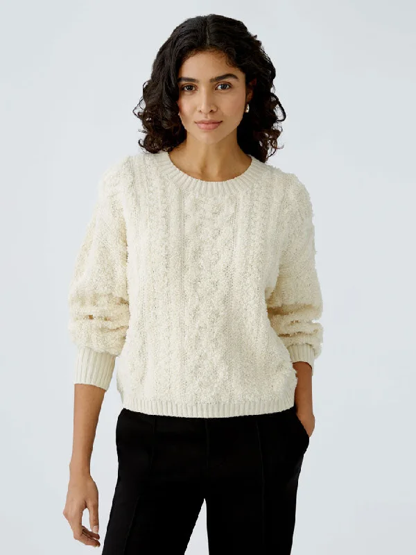 Oui Cable Knit Jumper Off White Velvet Chenille Corduroy