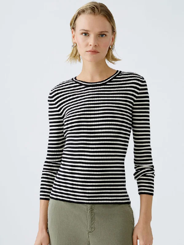 Oui Striped Thin Jumper Black & Off White Stretchy Elastic Breathable