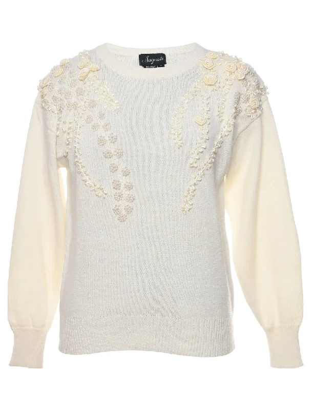 Pale Yellow 1980s Pearl Detail Jumper - S Terry Blend Velvet Blend Canvas Blend