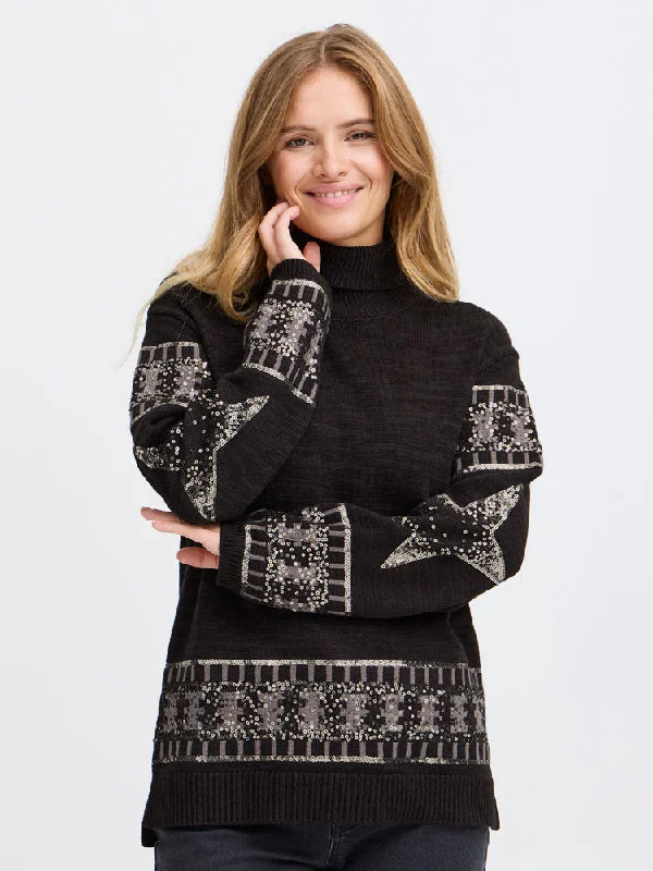 Pulz PzTanja Paillette Turtleneck Jumper Black Beauty Handmade Hand-knitted Hand-woven