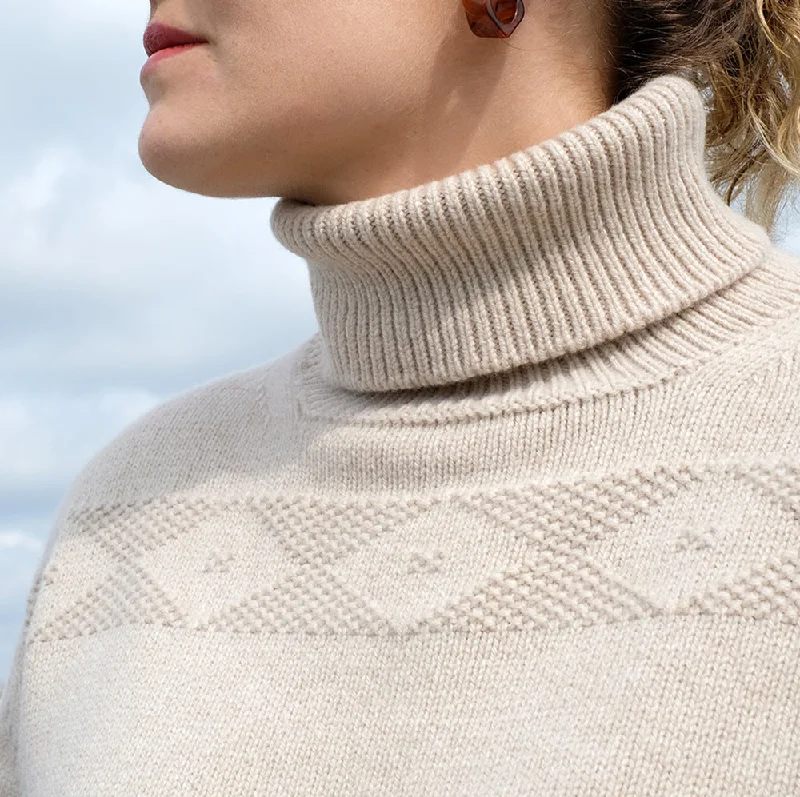 Pure Wool Polo neck jumper in Beige Beaded Sweater Sequined Faux Fur