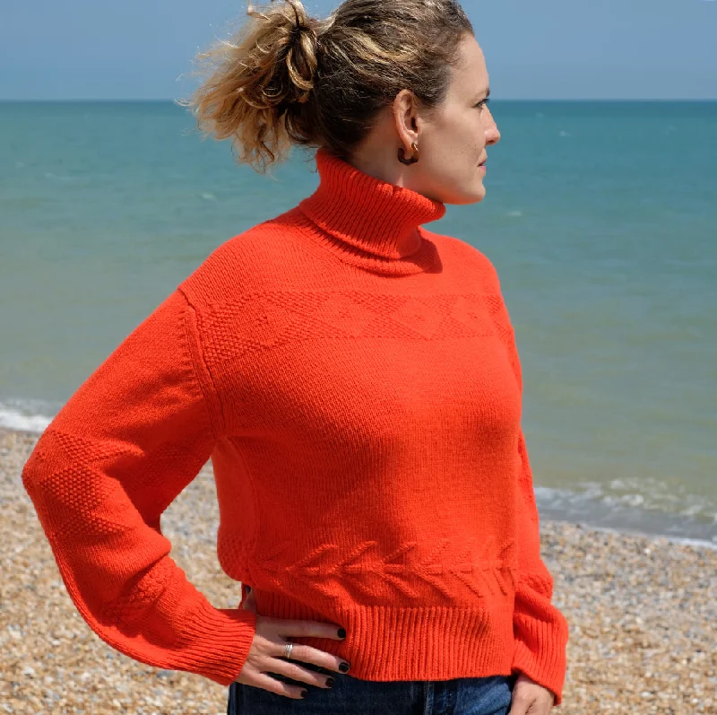 Pure Wool Polo neck jumper in Orange Embroidered Appliqued Beaded