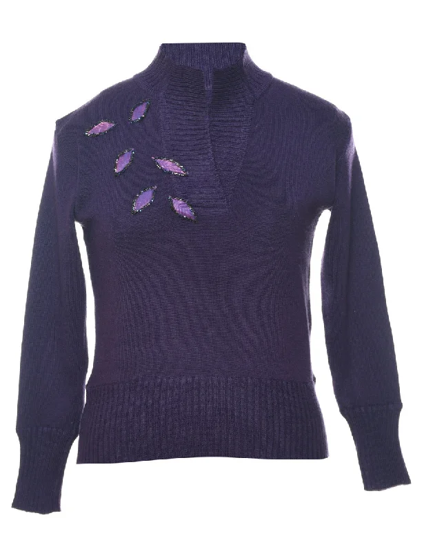 Purple Sparkly Beaded Jumper - S Ribbed Striped Patterned