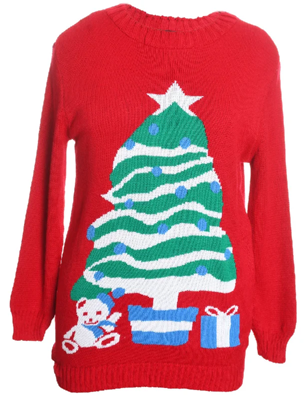 Red Christmas Tree Design Knit Jumper - M Spandex Rayon Corduroy