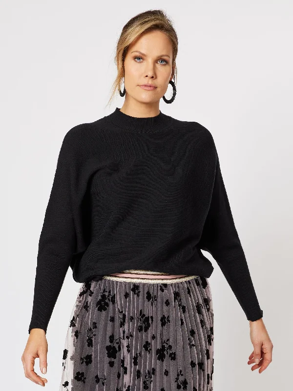 Ribbed Knit Batwing Jumper - Black Fleece Sweater Nylon Polyester