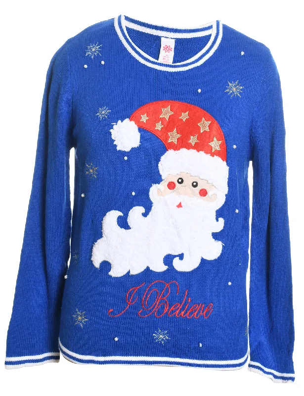 Santa Claus Design Blue Embroidered Christmas Jumper - M Solid Color Striped Floral Print