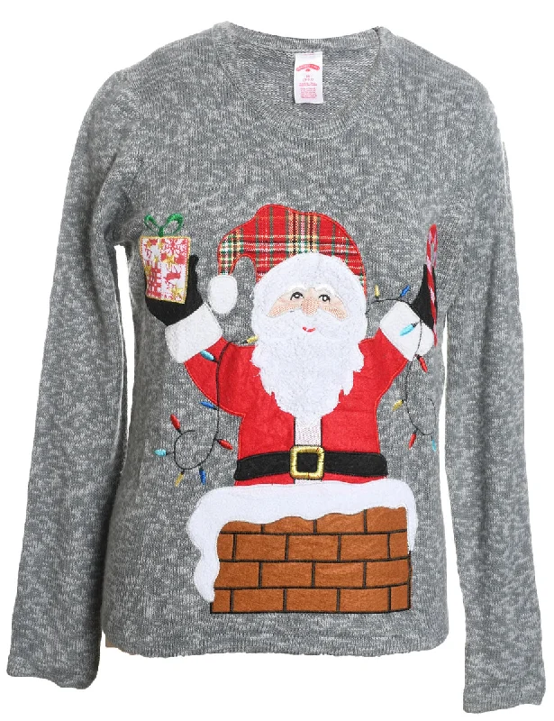 Santa Claus Design Grey Classic Christmas Jumper - M Velvet Chenille Corduroy
