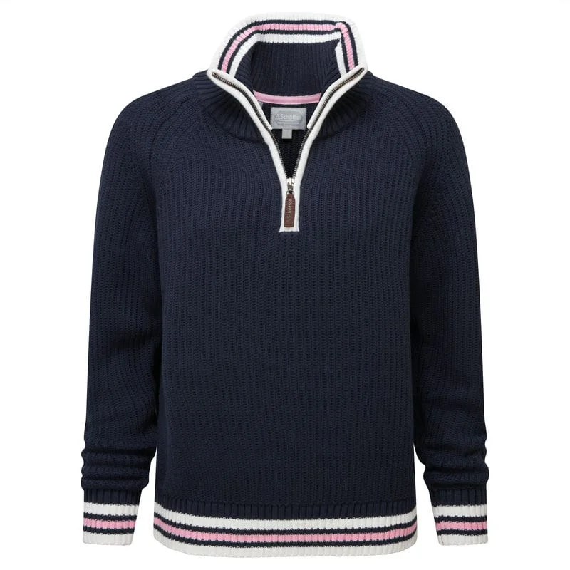 Schoffel Havelet Bay 1/4 Zip Ladies Jumper - Navy Lace Blend Ribbed Blend Corduroy Blend