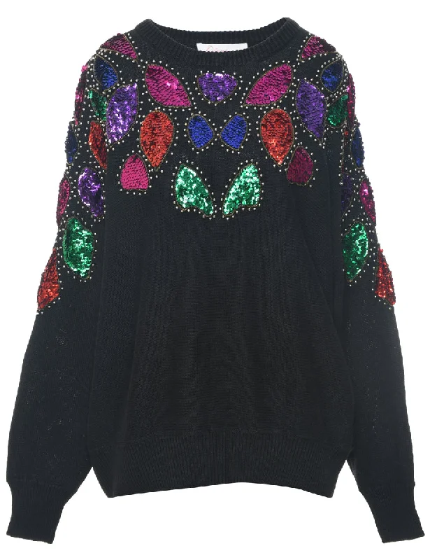 Sequined Black Jumper - L Print Jacquard Patchwork