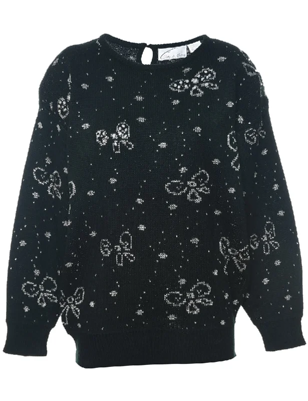 Sequined Black Jumper - L Toggled Drawstring Belted