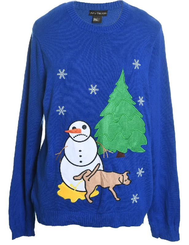 Snowman Design Blue Embroidered Christmas Jumper - L Satin Blend Silk Blend Wool Blend