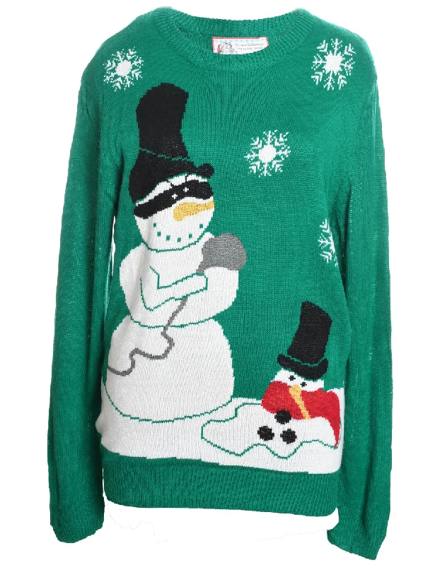 Snowman Design Green Knit Christmas Jumper - XL Faux Fur Fabric Real Fur Fabric Shearling Fabric Snowman Design Green Knit Christmas Jumper - XL Faux Fur Fabric Real Fur Fabric Shearling Fabric