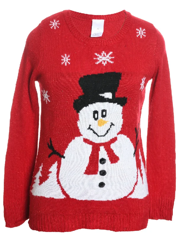 Snowman Design Red Christmas Jumper - M Elegant Classic Vintage