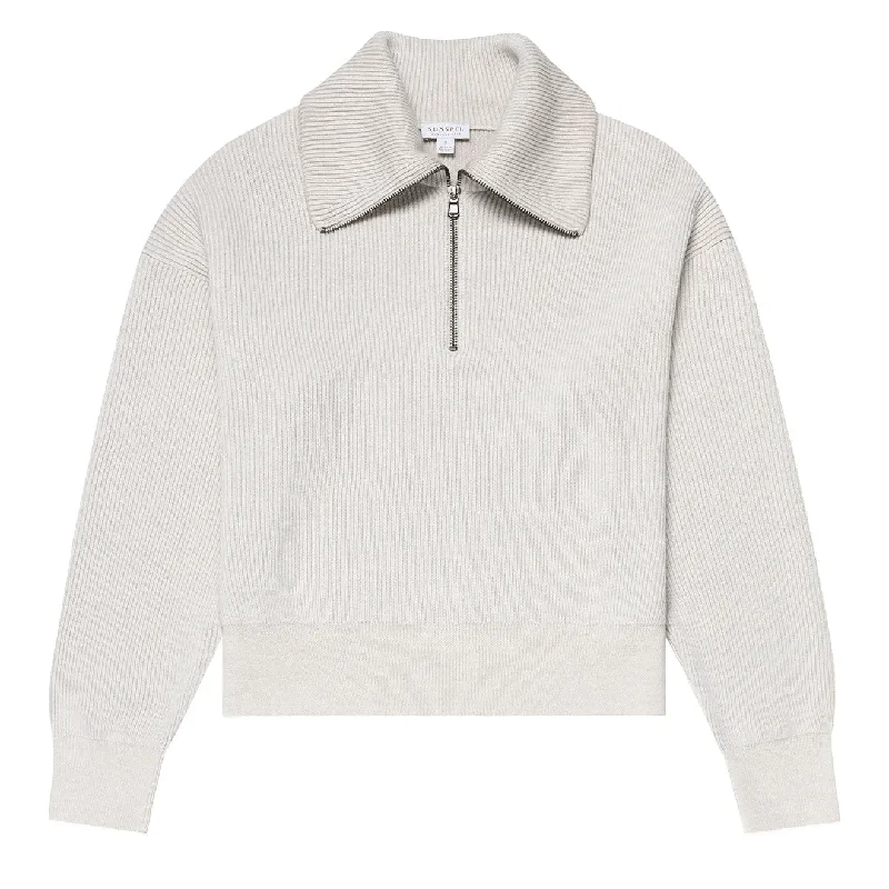 Sunspel Womens Ribbed Half Zip Jumper Ecru Anti-Pilling Anti-Shrink Durable